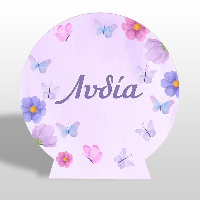 Wooden printed sign, purple butterflies and flowers