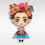 Ξύλινη φιγούρα Frida Kahlo, λουλούδια watercolor