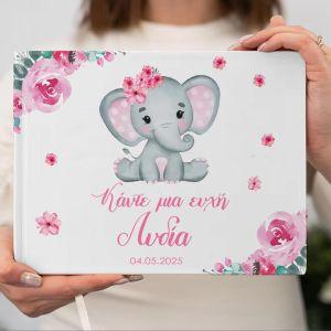 Wishes book, Little pink elephant with flowers