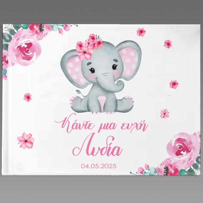 Wishes book, Little pink elephant with flowers