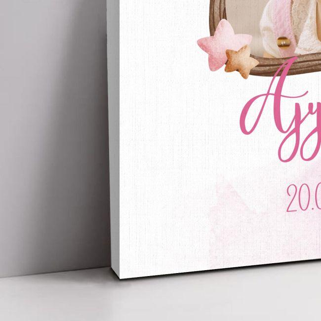 Πίνακας βάπτισης Αρκουδάκι ροζ με μπαλόνια και φωτογραφία Καμβάς τελαρωμένος