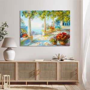 Πίνακας σε καμβά Terrace near the sea flowers Καμβάς τελαρωμένος Όψη 1 2