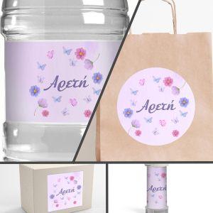 Sticker label Butterflies and purple flowers