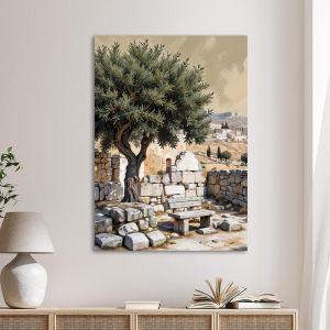 Canvas print Olive tree and bench