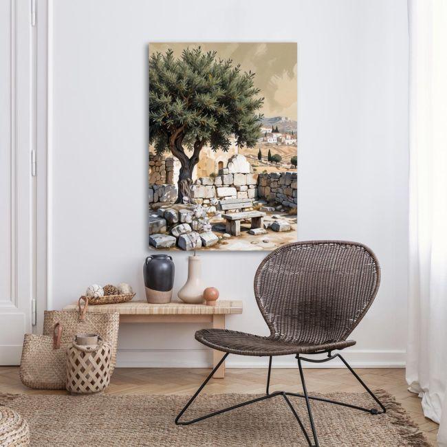 Canvas print Olive tree and bench
