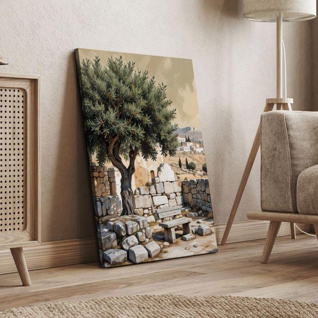 Canvas print Olive tree and bench