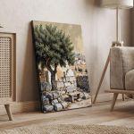Canvas print Olive tree and bench