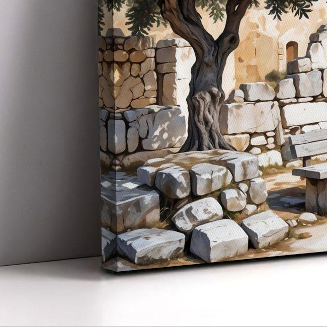 Canvas print Olive tree and bench