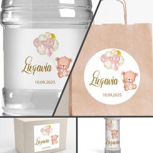 Sticker label Cute bear pink golden balloons