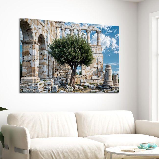 Canvas print Olive tree with ancient ruins in the background, horizontal