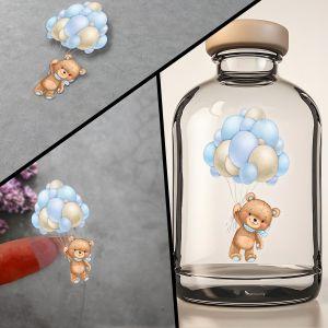 Sticker label die cut, Little bear with blue brown balloons