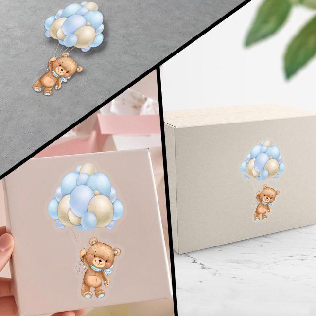 Sticker label die cut, Little bear with blue brown balloons