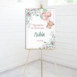 Canvaswelcome to my baptism, Teddy bear with blue balloons and flowers mint