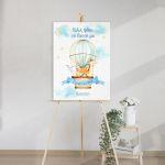 Canvas print welcome to my baptism , Air balloon & animals watercolor blue