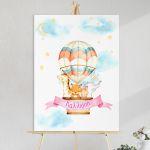 Canvas print welcome to my baptism , Air balloon & animals watercolor blue