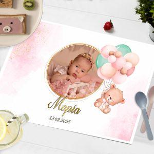 Placemat, personalized with photo, bear with balloons pink theme