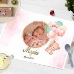 Placemat, personalized with photo, bear with balloons pink theme