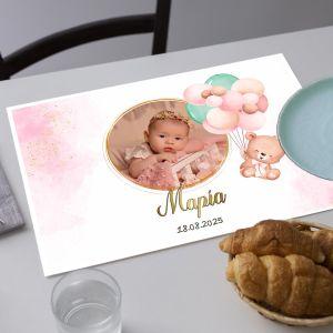 Placemat, personalized with photo, bear with balloons pink theme 2