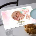 Placemat, personalized with photo, bear with balloons pink theme