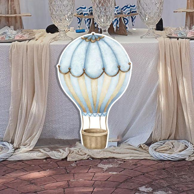 Wooden figure printed Hot air baloon watercolor cyan