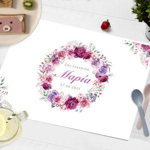 Placemat baptism party, Flower wreath with name