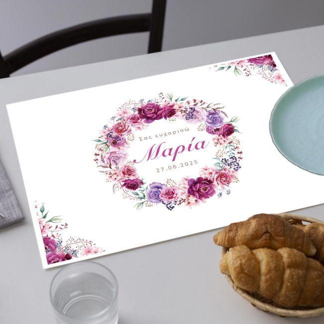 Placemat baptism party, Flower wreath with name