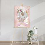 Πίνακας σε καμβά βάπτισης Κύκνος λουλούδια ροζ με χρυσές λεπτομέρειες με φωτογραφία Καμβάς τελαρωμένος