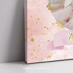 Πίνακας σε καμβά βάπτισης Κύκνος λουλούδια ροζ με χρυσές λεπτομέρειες με φωτογραφία Καμβάς τελαρωμένος