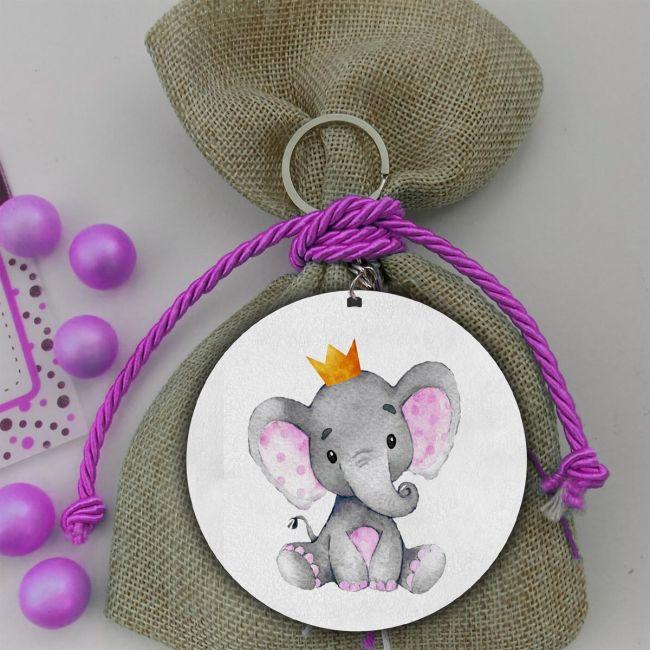 Wooden figure Elephant pink with crown watercolor