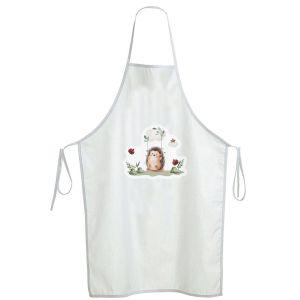 Godparent Apron, Little Hedgehog (Aprons). White, featuring watercolor hedgehog on swing, clouds, ladybugs. 2