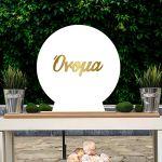 Gold acrylic name on minimal white wooden plate