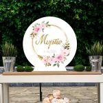 Wooden printed sign, Flowers gold circles and letters