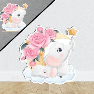 Wooden figure Cute little elephant mother and baby sitting in the moon