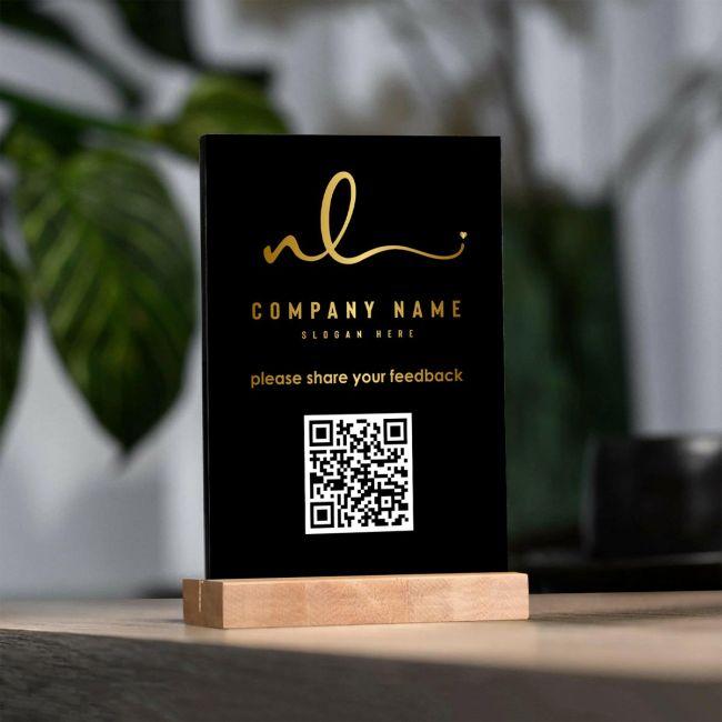 Plexiglass μαύρο, Χρυσό εκτυπωμένο logo, QR κωδικός μαύρο, Share your feedback, Google