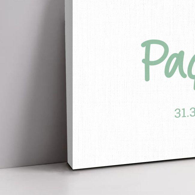 Canvas print welcome to my baptism, Teddy bear with green balloons