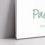 Canvas print welcome to my baptism, Teddy bear with green balloons