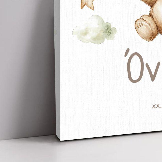 Canvas print welcome to my baptism, Teddy bear with brown green balloons and stars