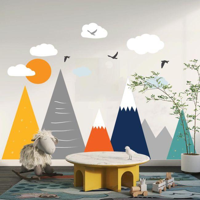 Kids wall stickers Scenery with mountains birds and clouds art 2