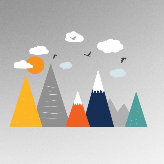 Kids wall stickers Scenery with mountains birds and clouds art 2