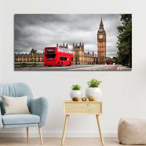 Canvas print Big Ben with red bus, panoramic