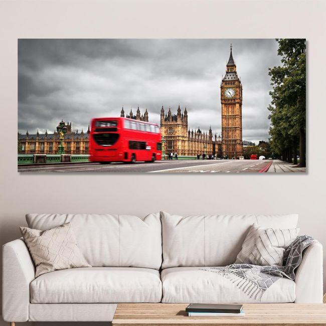 Πίνακας σε καμβά Big Ben with red bus, πανοραμικός