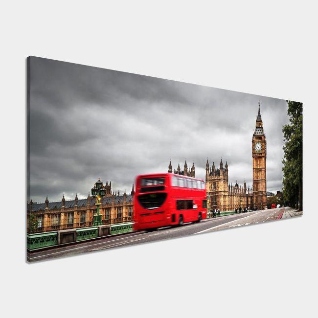 Canvas print Big Ben with red bus, panoramic