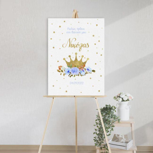Canvas print Vaptism Golden crown and blue roses