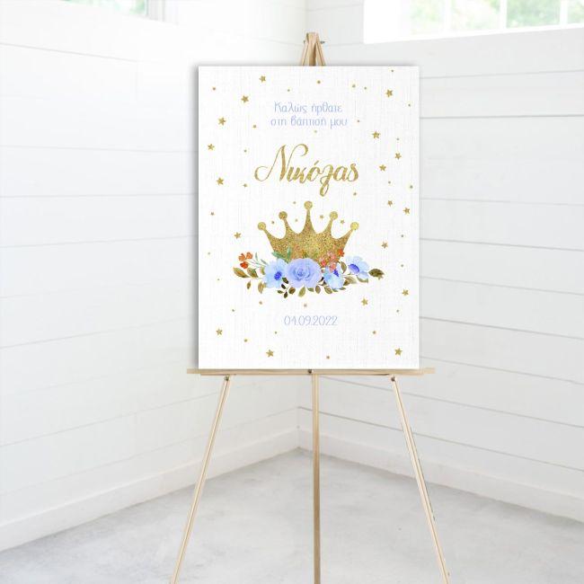 Canvas print Vaptism Golden crown and blue roses