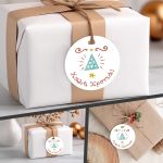 Happy new year labels, christmas tree drawing