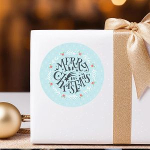 Αυτοκόλλητη Χριστουγεννιάτικη ετικέτα, Merry Christmas, γαλάζιο φόντο