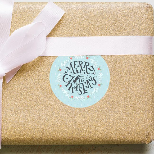 Christmas sticker label, Merry Chirstmas, light blue