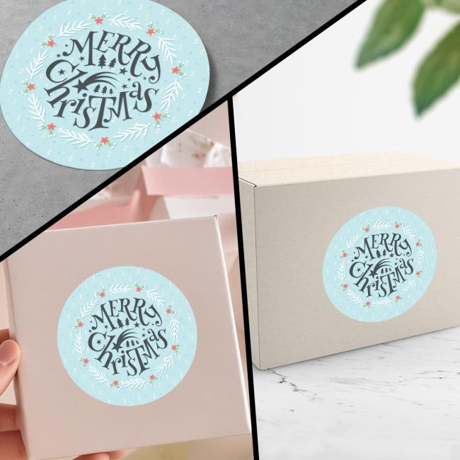 Christmas sticker label, Merry Chirstmas, light blue
