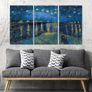 Πίνακας σε καμβά Starry night over the Rhone, Vincent van Gogh, τρίπτυχος πανοραμικός