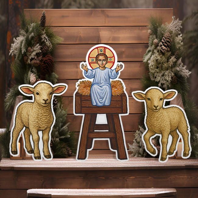 Το Θείο βρέφος αγιογραφία με προβατάκια, ξύλινες φιγούρες εκτυπωμένες